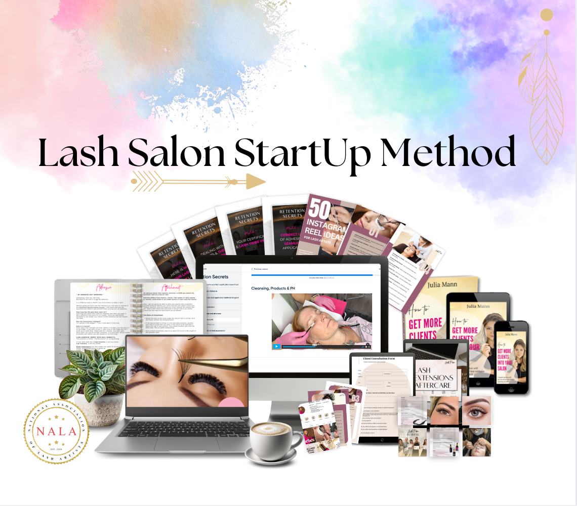 Collage of startup materials from The FULL Lash Tribe Online Academy, featuring Lash Tribe's online courses and promotional items on a vibrant background, accompanied by digital devices and books. Ideal for individuals looking to enhance their skills in exclusive VIP Facebook groups.